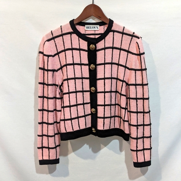 American Vintage Sweaters - Vintage Beloux Classic Pink and Black Windowpane Cardigan Sweater Size M